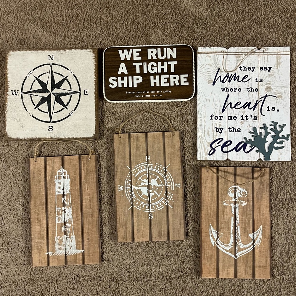 Lot Of 6 Nautical/sea/ocean Themed Wood Wall Art Signs